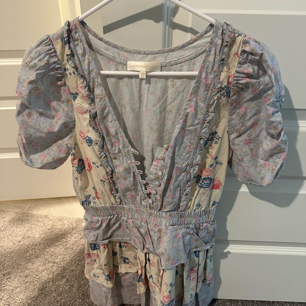 LoveShackFancy Blue & Cream Floral Puff Sleeve Dress